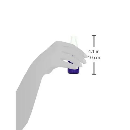 "Hand holding 1 oz bottle of Problem Skin Gel for hormonal breakouts, soy-free, non-GMO, plant-based, 4.1 inches tall."