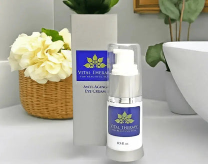 Anti-Aging Peptide Eye Cream 0.5 oz bottle for revitalizing eye skin, soy-free, non-GMO, plant-based, free shipping.