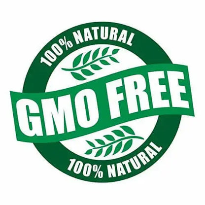 GMO free 100% natural label in green and white design.