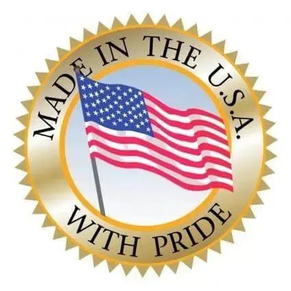 Made in the USA with pride seal featuring American flag design.