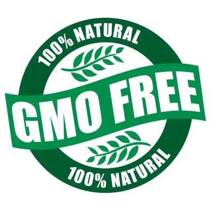 GMO Free 100% Natural badge with green leaves, emphasizing natural ingredients.
