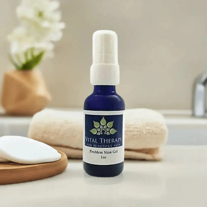 Vital Therapy Problem Skin Gel 1 oz bottle for hormonal breakouts, soy-free, non-GMO, plant-based skincare, made in USA.